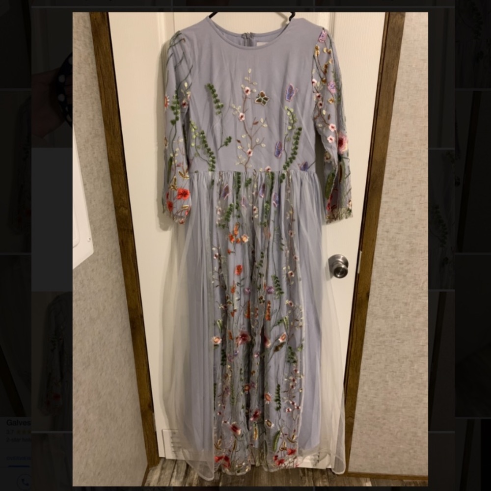 Dusty Blue Floral Embroidered Whimsical Dress